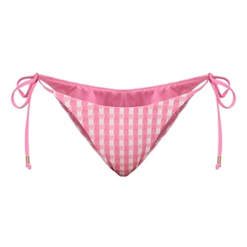 Seafolly Bella Gingham Side-Tie Rio Bikini Bottoms in Begonia Pink, low-rise with side-tie fastenings and gold metallic trim detailing.