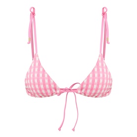 Seafolly Begonia Pink gingham triangle bikini top with adjustable tie straps and central bow detail