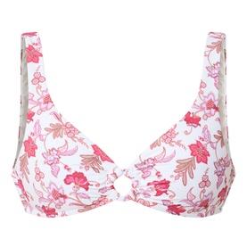 Seafolly bikini top in ecru with pink floral print, underwired cups and ring detail at centre front