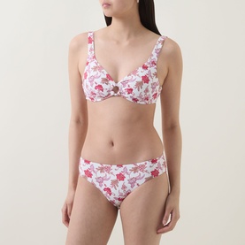 Model wearing Seafolly bikini top in ecru with pink floral print, underwired style, shown with matching bikini briefs