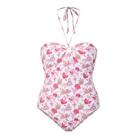 Seafolly ecru floral-print halterneck swimsuit with bandeau neckline, pink and red floral pattern, and tie detail