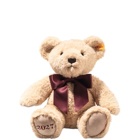 Steiff Bears Cosy Year Bear 2027 32cm, brown plush teddy with burgundy bow and 2027 embroidered on foot