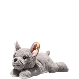 Steiff Bears Brie French Bulldog 24cm grey plush soft toy, lying pose with pink inner ears and gold ear tag