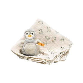 Steiff Bears Lio Penguin Grip Toy, Rattle & Burp Cloth Gift Set in grey; small plush penguin with penguin-print cotton muslin cloth