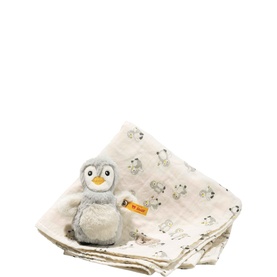 Steiff Bears Lio Penguin Grip Toy, Rattle & Burp Cloth Gift Set in grey; small plush penguin with penguin-print cotton muslin cloth