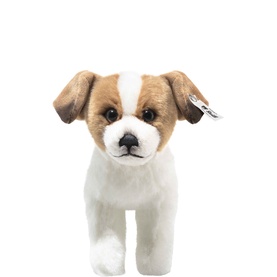 Steiff Bears Terrie Dog 17cm white and tan plush Jack Russell terrier soft toy, standing pose with floppy ears