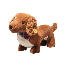 Steiff Bears Waldi Dachshund 30cm brown plush soft toy with curly ears, cream belly, and tartan bandana scarf