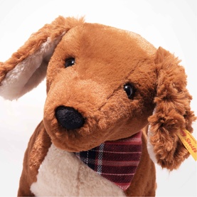 Steiff Bears Waldi Dachshund 30cm brown plush toy with floppy ears, black nose, and red tartan neckerchief, close-up detail shot
