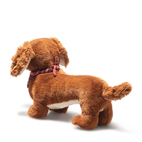 Steiff Bears Waldi Dachshund 30cm brown plush soft toy with plaid bow collar, rear three-quarter view