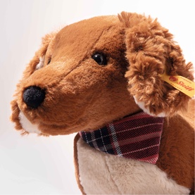 Steiff Bears Waldi Dachshund 30cm brown plush soft toy with curly ears, black nose, and tartan neckerchief detail