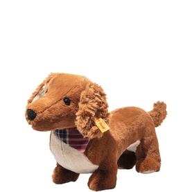 Steiff Bears Waldi Dachshund 30cm brown plush soft toy with curly ears, cream belly, and tartan bandana scarf