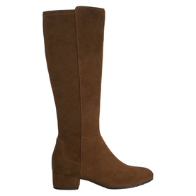 Dune Tayla Stretch Knee-High Boots in brown suede, almond toe, block heel, stretch panel to back shaft