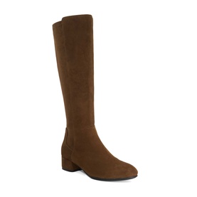 Dune Tayla Stretch Knee-High Boots in brown suede with almond toe, block heel, and stretch panel to back shaft