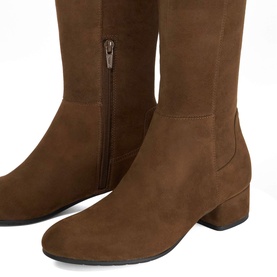 Dune Tayla Stretch Knee-High Boots in brown suede, almond toe, block heel, inner zip fastening, close-up detail shot