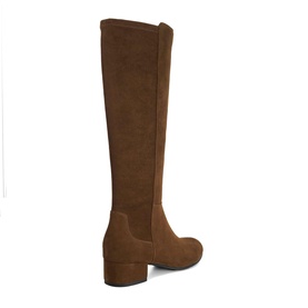 Dune Tayla Stretch Knee-High Boots in brown suede, rear view showing block heel and stretch panel, dark synthetic sole