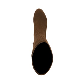 Dune Tayla Stretch Knee-High Boots in brown suede, top-down view showing almond toe and open shaft
