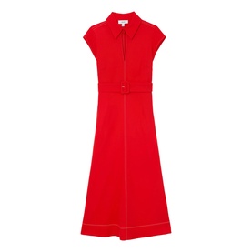 Reiss red midi shirt dress with cap sleeves, zip front, fitted waist, and A-line skirt in stretch fabric