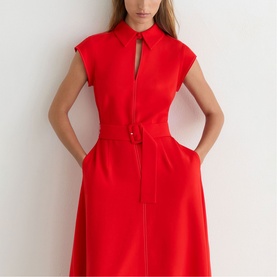 Model wearing Reiss red midi dress with keyhole neckline, cap sleeves, self-belt waist, and A-line skirt with side pockets