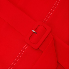 Reiss red womenswear dress close-up detail showing tonal square buckle belt and contrast white topstitching