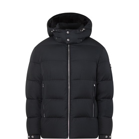 Boss Black Casual black quilted puffer jacket with attached hood, zip fastening, and side pockets