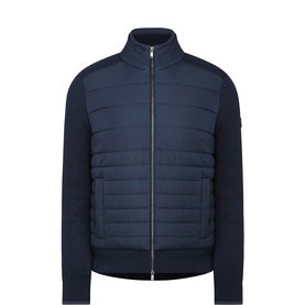 Boss Black Casual dark blue hybrid jacket with quilted front panels, knit sleeves, funnel neck, and silver zip fastening