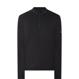 Boss Green Label black half-zip sweat with ribbed mock neck collar and small logo badge on sleeve, 87% polyester
