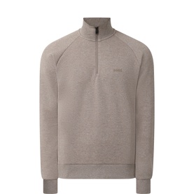 Boss Green Label light pastel brown cotton half-zip sweatshirt with ribbed cuffs, hem, and stand collar