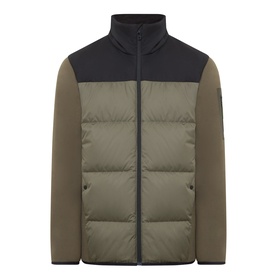 Boss Green Label Open Green colourblock quilted jacket with black upper panel, zip fastening, and high neck collar