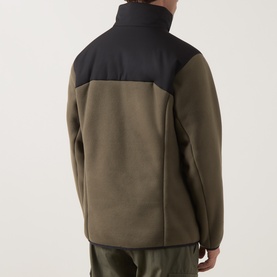 Model wearing Boss Green Label Open Green fleece jacket, rear view, black contrast yoke and collar, zip fastening
