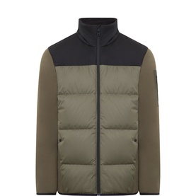 Boss Green Label Open Green colourblock quilted jacket with black upper panel, zip fastening, and high neck collar