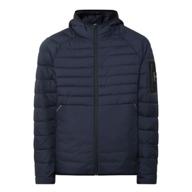 Boss Green Label dark blue quilted hooded jacket with zip fastening, raglan sleeves and chest badge detail