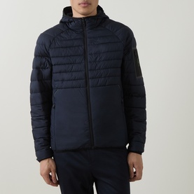 Model wearing Boss Green Label dark blue quilted hooded jacket with zip fastening and contrast sleeve panels.