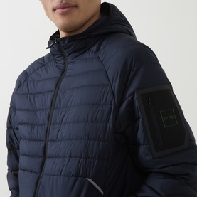 Model wearing Boss Green Label dark blue quilted hooded jacket with black arm patch detail and zip fastening