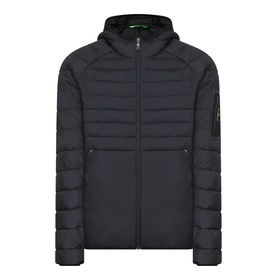 Boss Green Label black quilted hooded jacket with zip fastening, raglan sleeves and tonal arm badge detail