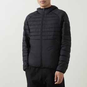 Model wearing Boss Green Label black quilted hybrid jacket with hood, zip fastening and logo arm badge.