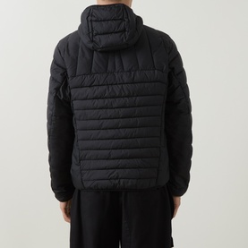 Model wearing Boss Green Label black quilted hooded jacket, rear view, shown with black trousers