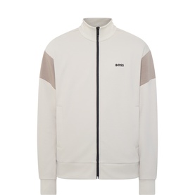 Boss Green Label light beige zip-through sweat with taupe shoulder panels, ribbed cuffs and hem, and chest logo