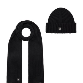 Hugo black ribbed knit beanie and scarf gift set, both with small logo patches, in 50% wool blend