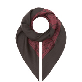 Hugo burgundy and dark grey paisley print scarf in viscose-silk blend, styled in a diamond knot