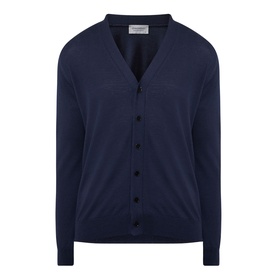 John Smedley Bradrick Fine Knit Cardigan in navy, V-neckline, front button placket, ribbed trims, fine merino knit
