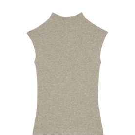 Reiss gold sleeveless ribbed mock-neck top, slim fit with high neckline and cap sleeves, flat lay view