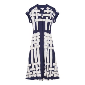 Navy and white geometric basketweave print midi shirt dress with short sleeves, V-neckline, button front, and flared skirt