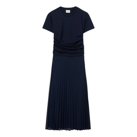 Claude Pierlot blue short-sleeve midi dress with ruched waist and pleated skirt