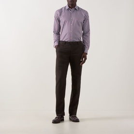 Model wearing Eton Bengal Stripe Single-Cuff Shirt in dark red, styled with dark brown tailored trousers and loafers