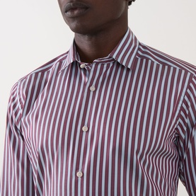 Model wearing Eton Bengal Stripe Single-Cuff Shirt in dark red, featuring cut-away collar and button fastening, close-up crop view