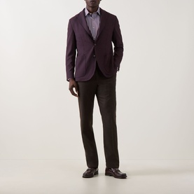 Model wearing Eton Bengal Stripe Single-Cuff Shirt in dark red, styled with a burgundy blazer and dark trousers.