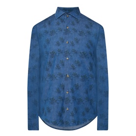 Eton Floral Denim Shirt in denim blue cotton, cut-away collar, long sleeves, tonal floral print, curved hem, gold-tone buttons