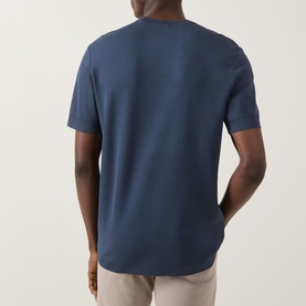 Model wearing Eton Dark Blue cotton crew neck T-shirt, rear view showing clean back panel and short sleeves