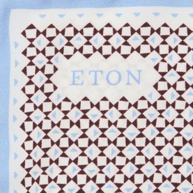 Eton Dark Red pocket square with geometric diamond print, light blue border and woven brand logo detail