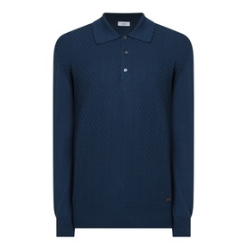 Eton Chevron Structure Polo Shirt in mid blue, long sleeves, flat collar, button fastening, ribbed trims and chevron knit pattern